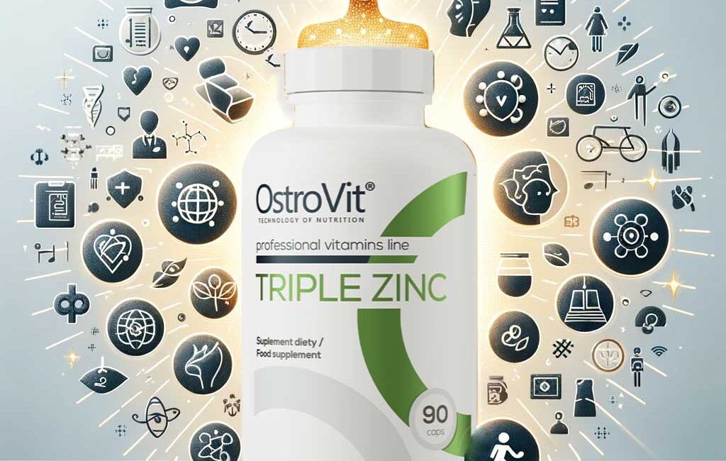 Bottle of OstroVit Triple Zinc capsules surrounded by symbols representing health benefits like immune system support, skin health, and overall vitality, against a clean, bright background.