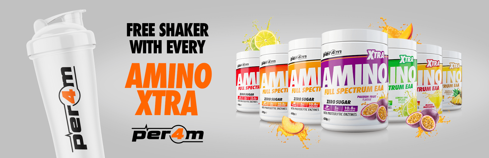 Promotional banner for Per4m Amino with a free shaker offer displayed.